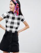 Monki Check High Neck Tee - Black