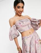 Asos Design Lehenga Blouse Bandeau Crop Top With Puff Sleeve In Pink Modern Paisley Print