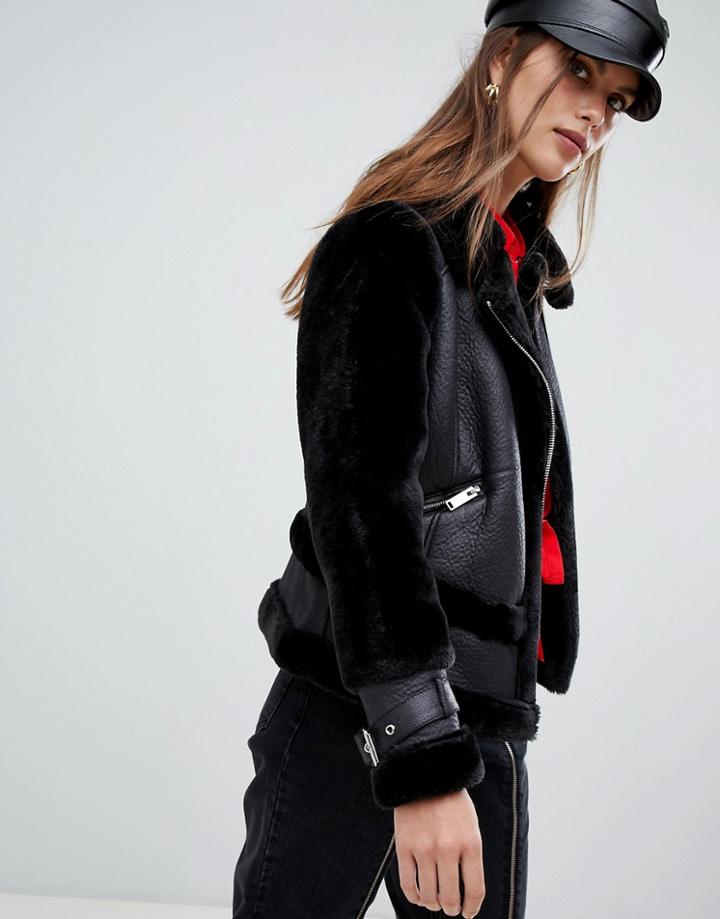 River Island Faux Fur Aviator Jacket In Black