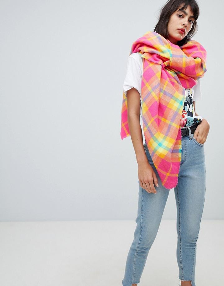 Asos Design Oversized Bright Pink Check Square Scarf - Multi