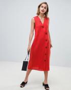 Mango Button Detail Midi Dress Linen In Red - Red