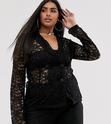Club L London Plus Sheer Lace Blazer - Black