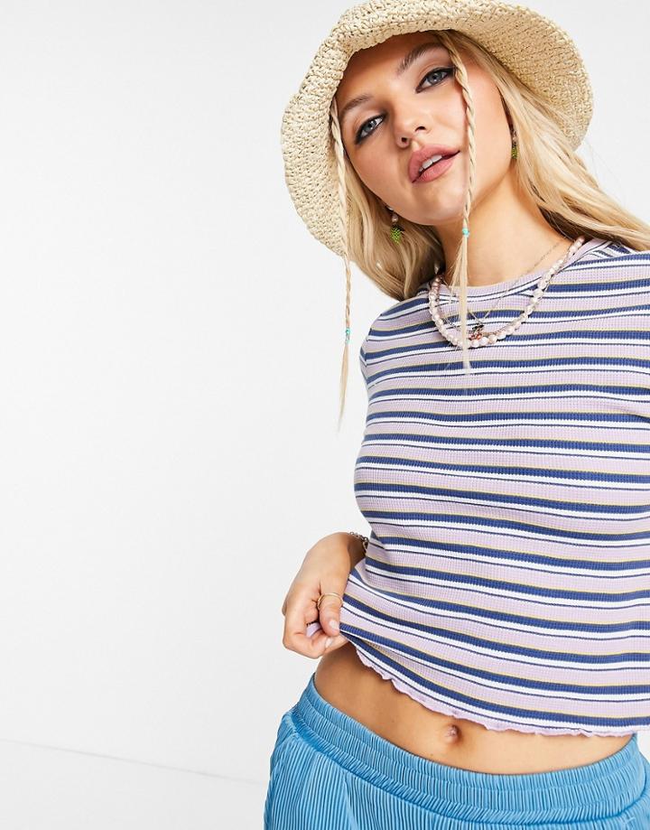 Urban Revivo Stripe T-shirt With Lettuce Hem In Lilac-purple