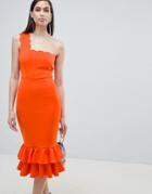 Asos Design One Shoulder Scallop Pephem Midi Dress - Orange