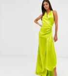 Asos Design Tall Halter Maxi Dress In High Shine Satin With Drape Neck-green