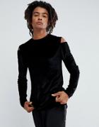 Asos Longline Muscle Long Sleeve T-shirt In Velour With Cut Out Shoulder - Black