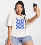 Noisy May Curve Checkerboard Print Cropped T-shirt In Cream-white