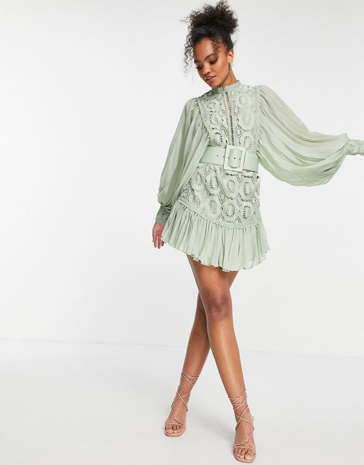 Asos Design Lace Mini Dress With Pleated Sleeves And Belt In Sage-green