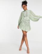 Asos Design Lace Mini Dress With Pleated Sleeves And Belt In Sage-green