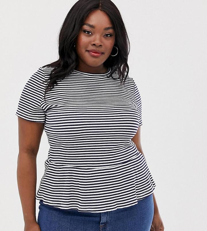 Glamorous Curve Relaxed T-shirt With Peplum Hem In Stripe-navy