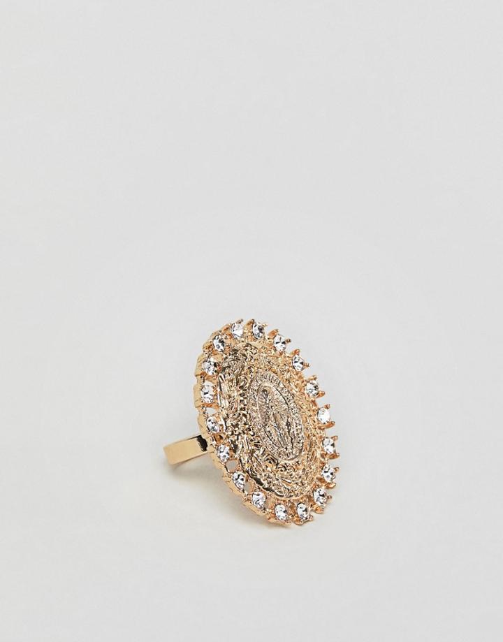 Asos Design Ring With Vintage Style Icon And Crystals In Gold - Gold
