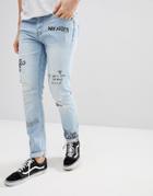 Only & Sons Slim Jeans With All Over Print - Blue