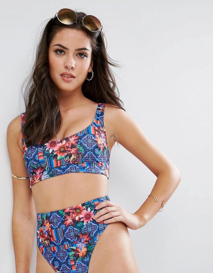 Asos Design Mixed Floral Tile Print Crop Bikini Top-multi