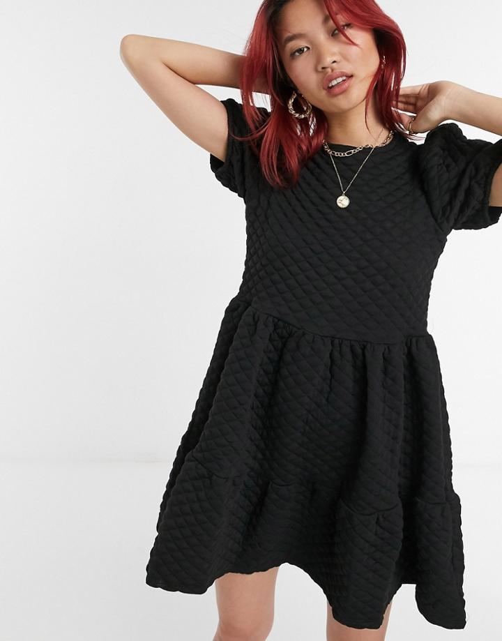 River Island Quilted Tiered Smock Mini Dress In Black