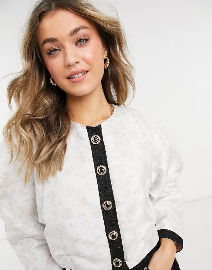 Sister Jane Cropped Collarless Jacket In Cream Jacquard Set-multi