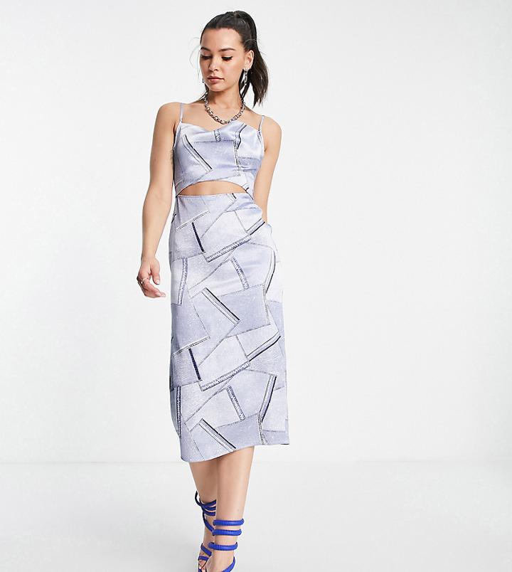 4th & Reckless Tall Cami Satin Dress In Denim Print-blue