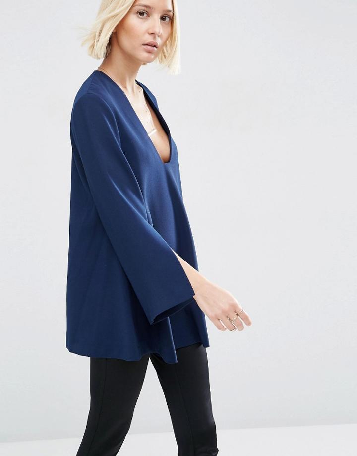 Asos White Tunic Top With Square V-neck - Navy