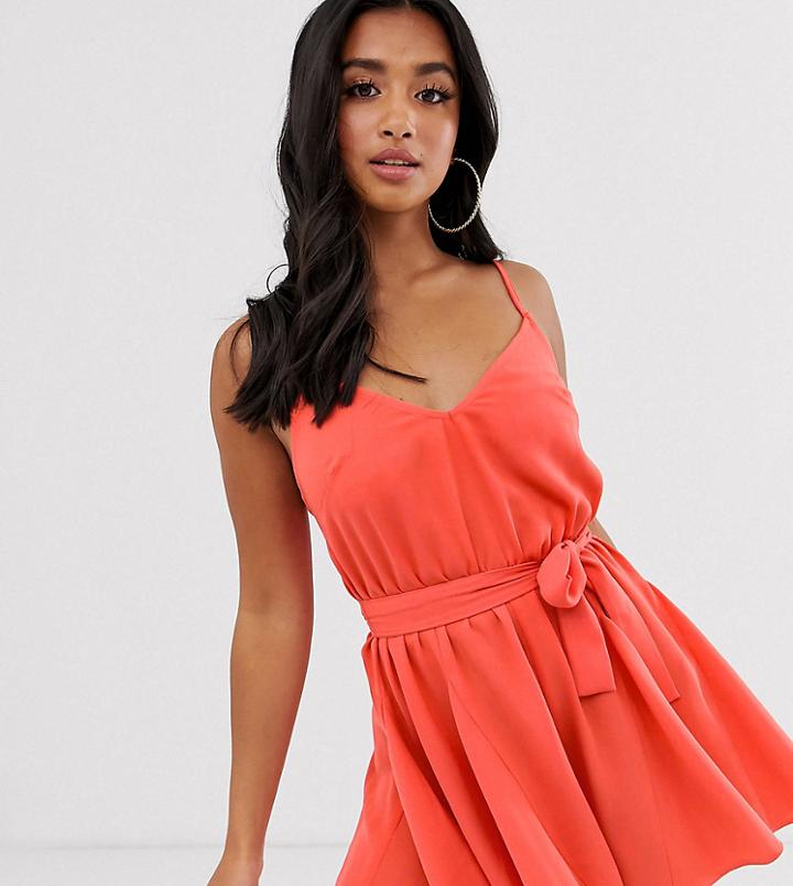 Asos Design Petite Cami Belted Romper With Frill Hem - Pink