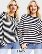 Monki 2 Pack Organic Cotton Long Sleeve Top In Black And Pink Stripe