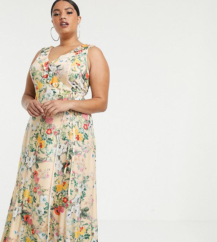 Asos Design Curve Ruffle Wrap Maxi Dress With Tie Detail In Floral Print-multi
