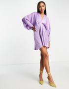 Asos Design Batwing Satin Midi Dress With Bias Cut Skirt And Tie Back In Lilac-purple