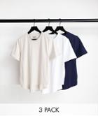 Jack & Jones Essentials Organic Cotton 3 Pack T-shirt Curved Longline Hem In White/navy/beige-multi