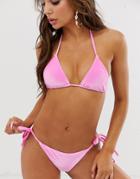 Asos Design Mix And Match Velvet Tie Side Bikini Bottom In Gossip Pink - Pink