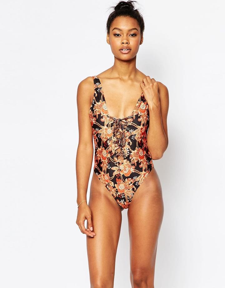 Wolf & Whistle Eyelet Lace Up Pamela Swimsuit B-f - 70s Print