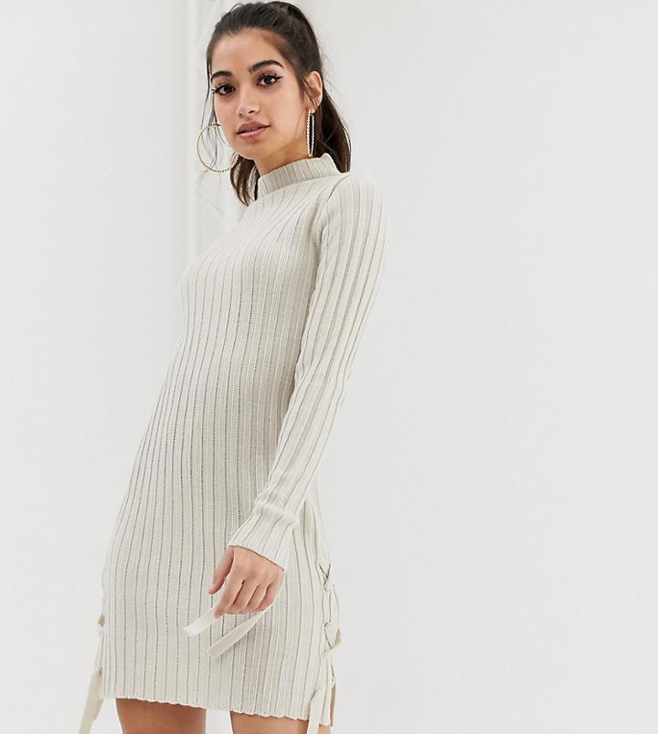 Asos Design Petite Ribbed High Neck Mini Dress With Tie Detail-beige