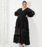 Asos Edition Curve V Neck Broderie Midi Dress With Puff Sleeve In Black