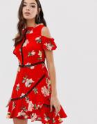 Lipsy Floral Dress With Cold Shoulder & Ruffle Details - Multi