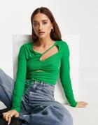 Topshop Cut Out Tie Side Long Sleeve Top In Green