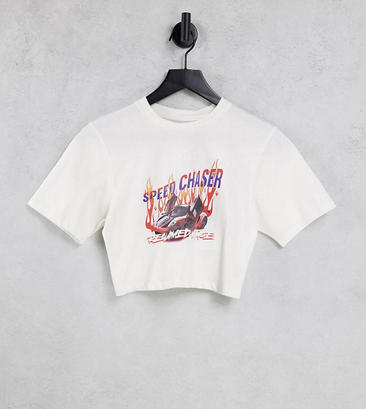 Reclaimed Vintage Inspired Shrunken Crop T Shirt With Car Print In Ecru-white