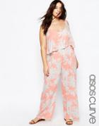 Asos Curve Floral Print Frill Beach Jumpsuit - Peach