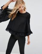 New Look Lace Insert Flare Sleeve Top - Black