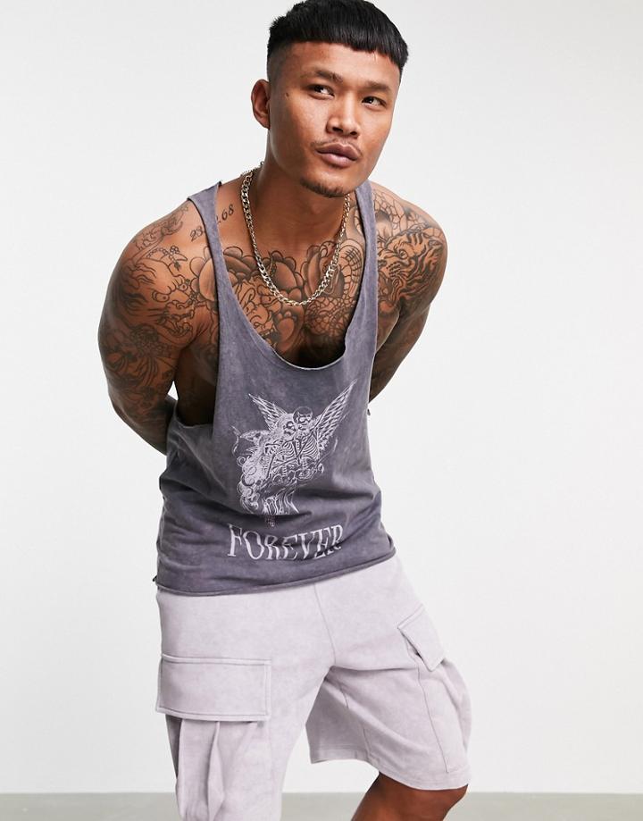 Asos Design Racer Back Tank In Washed Black With Print
