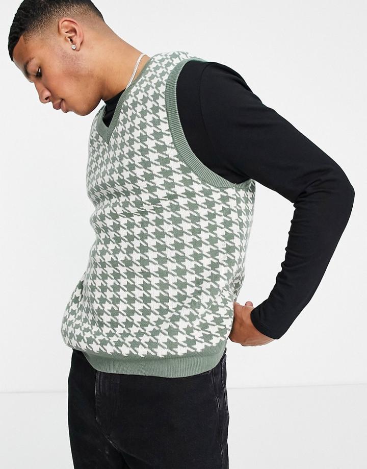 Bershka Sweater Vest In Green Dogstooth
