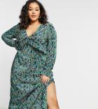 Asos Design Curve V Neck Midi Plisse Dress In Green And Blue Floral Print