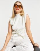 Vila High Neck Knitted Top With Padded Shoulders In Cream-white