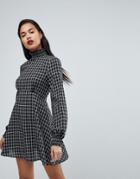Fashion Union High Neck Skater Dress In Check With Shirred Collar And Cuffs - Black