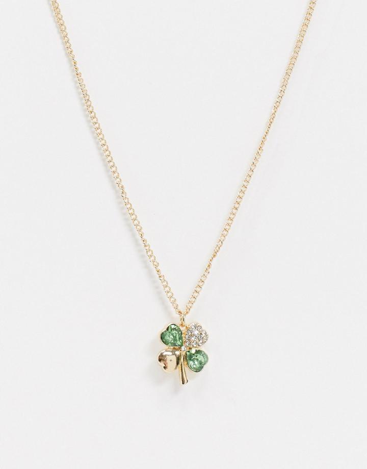 Asos Design Necklace With Four Leaf Clover Pendant In Gold Tone