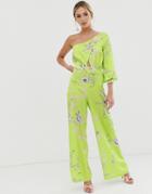 Liquorish One Shoulder Culotte Jumpsuit In Lime Green Floral - Yellow