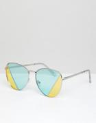 Asos Design Square Sunglasses In Silver With Green & Yellow Split Lens - Silver