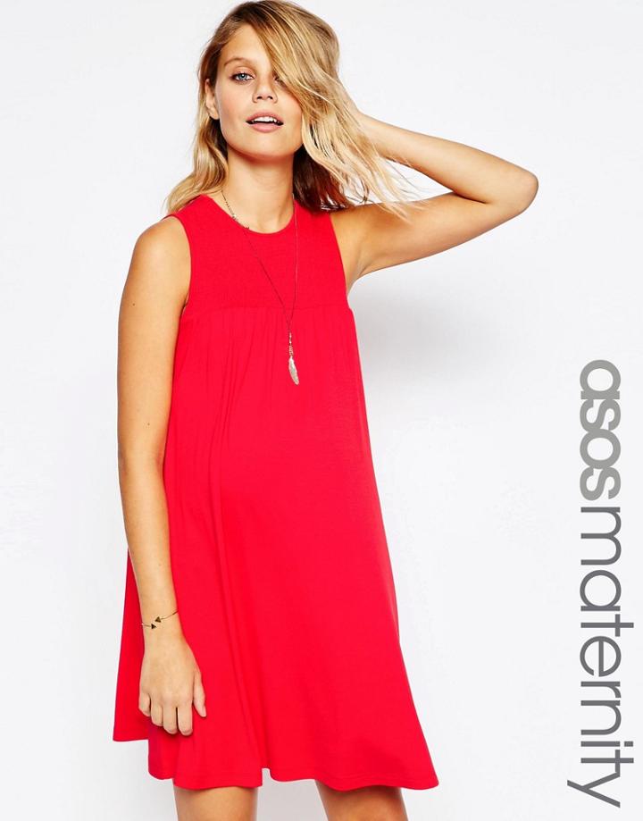 Asos Maternity Sleeveless Swing Dress With Smocking Detail - Red