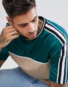 Asos Design Longline T-shirt With Contrast Yoke And Sleeve Taping - Green