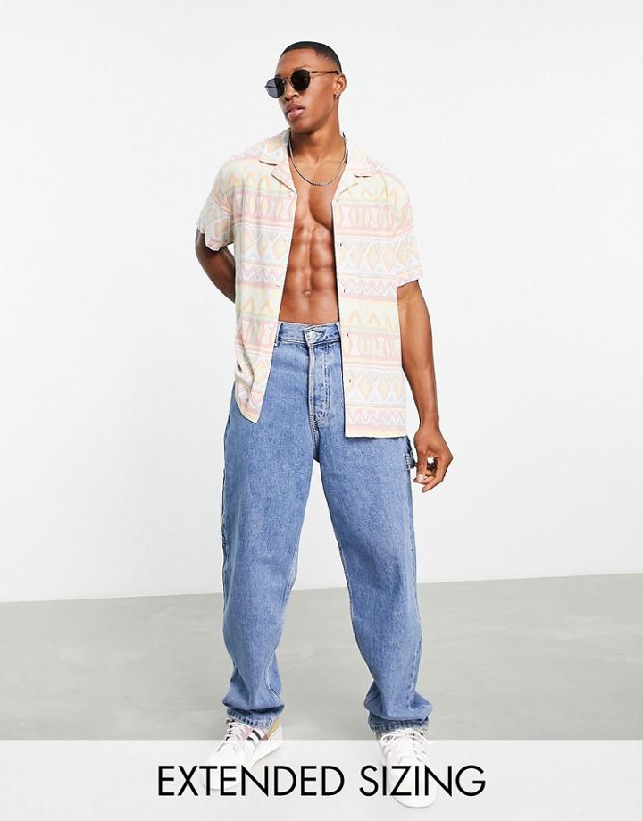 'asos Design Relaxed Camp Collar Pattern Stripe Shirt In Pastel Colors-multi