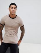 Asos Design Muscle Fit T-shirt With Contrast Ringer In Beige - Beige