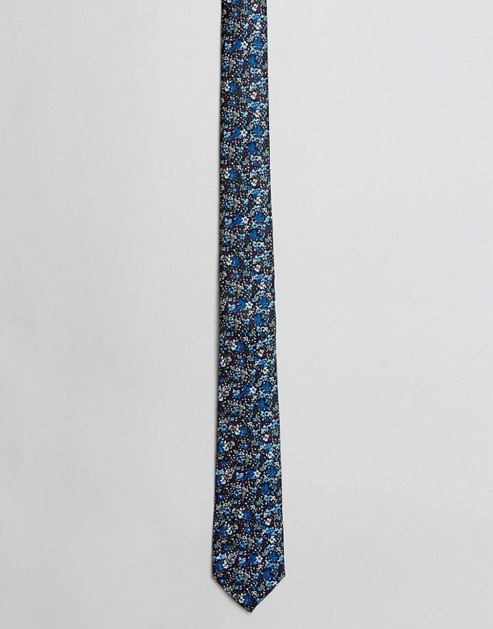 Asos Slim Tie In Navy Floral Design - Navy