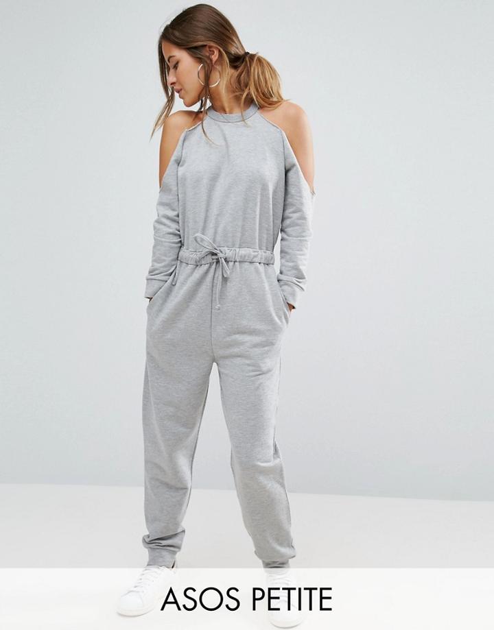 Asos Petite Sweat Jumpsuit With Cold Shoulder Detail - Gray