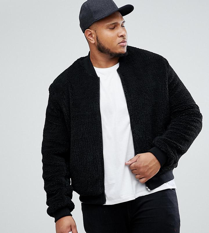 Asos Plus Borg Bomber Jacket In Black - Black